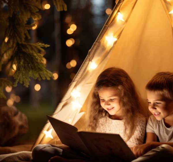 enfants en train de lire dans un tipi dans une chambre d'enfant