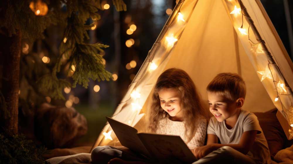 enfants en train de lire dans un tipi dans une chambre d'enfant