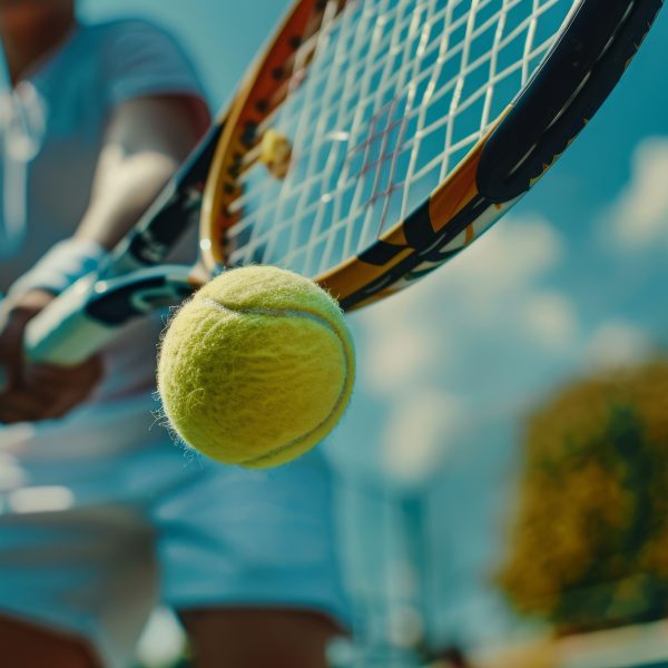 Raquette de tennis frappant une balle jaune sur un terrain extérieur